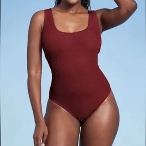 Kona Sol women’s burgundy one piece suit pucker medium coverage size L 12-14 new